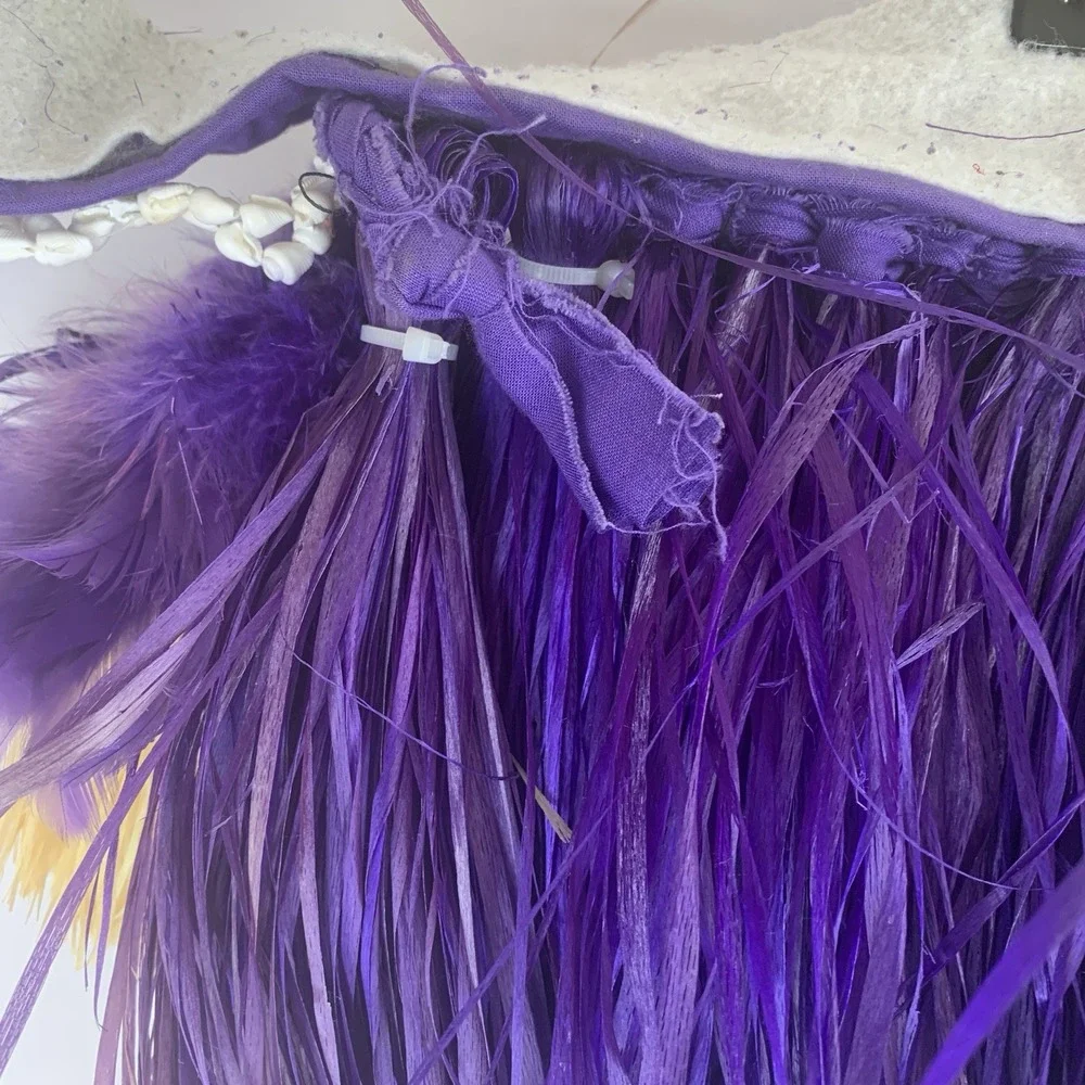 Vintage Hula Grass Skirt Hawaiian Polynesian Tiki Costume Feathers Handmade FLAW
